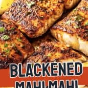 Two baked, seasoned fish fillets in a white dish, garnished with lemon slices. The fish has a golden-brown spice coating, and the background is light and minimal.