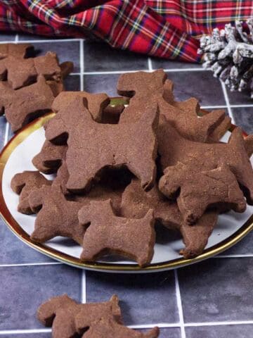A plate of chocolate cookies shaped like dogs sits on a tiled surface. More cookies and a pine cone dusted with white are nearby, and a red plaid cloth is in the background.