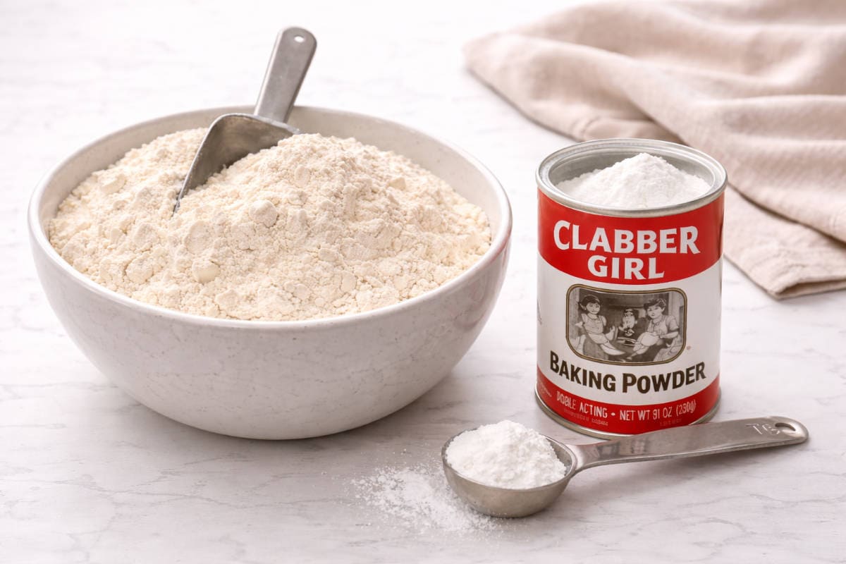 A bowl of flour, can of baking powder, and salt for self-rising flour.