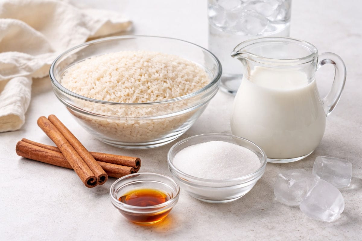 Rice cinnamon sticks sugar milk and vanilla for homemade horchata.