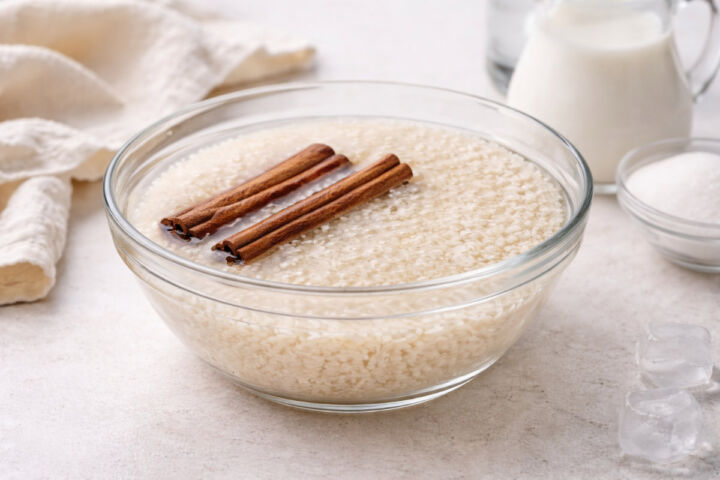 White rice and cinnamon sticks soaking in water for horchata.