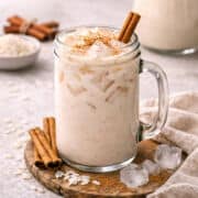 Refreshing cinnamon iced horchata cinnamon sticks.