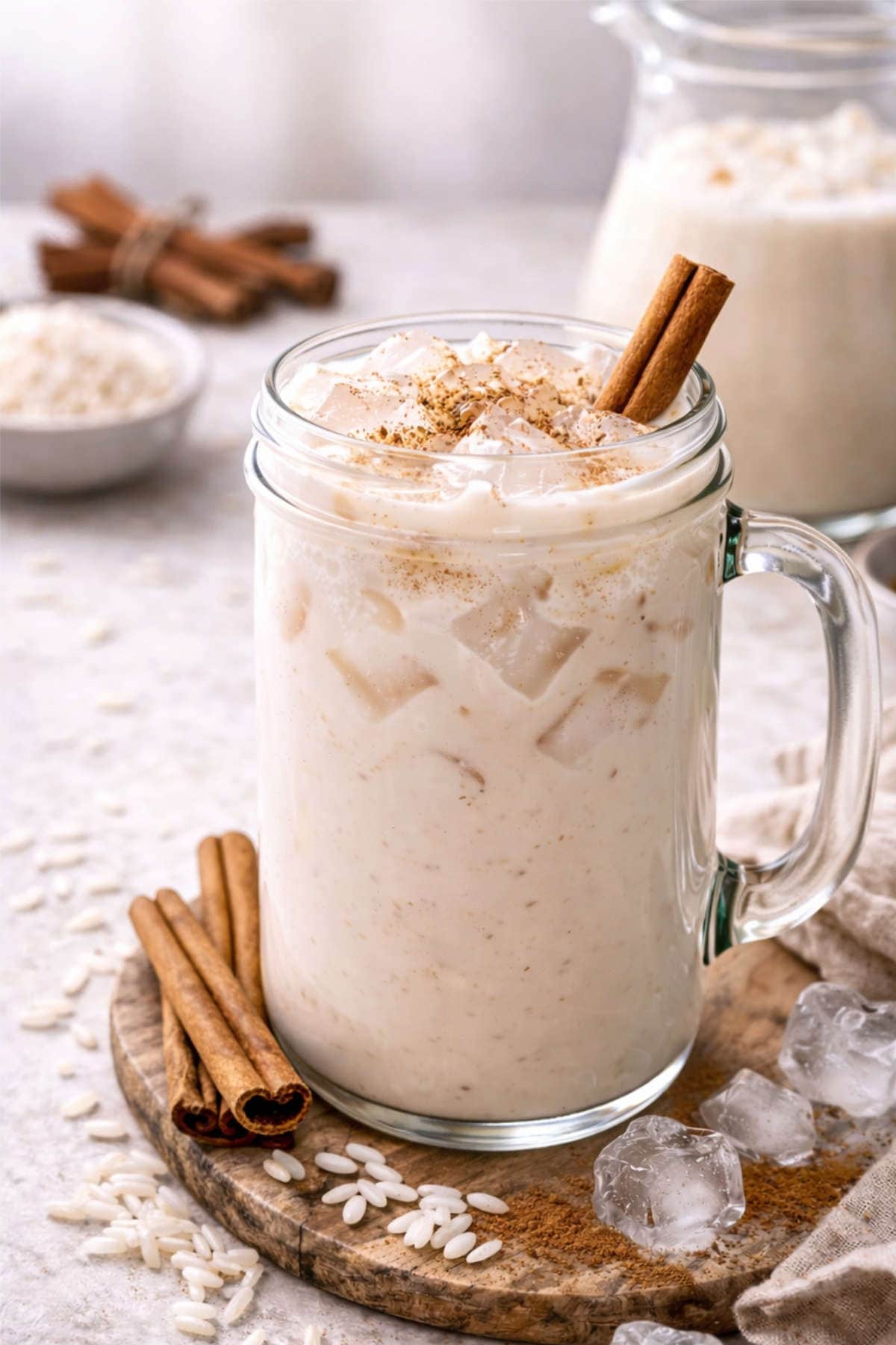Cold glass of horchata with cinnamon served over ice.