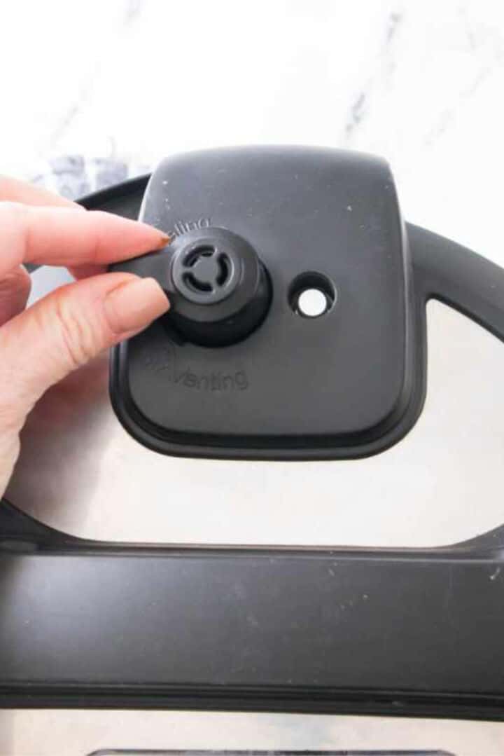 Instant Pot valve set to sealing position before pressure cooking.