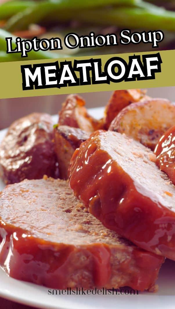 Three slices of ketchup topped meatloaf with roasted potatoes.