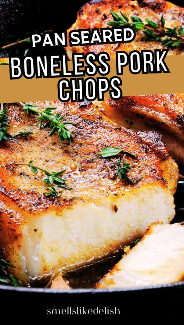 Juicy, pan grilled pork chops on a bone in oil with garlic and herbs in a frying pan.