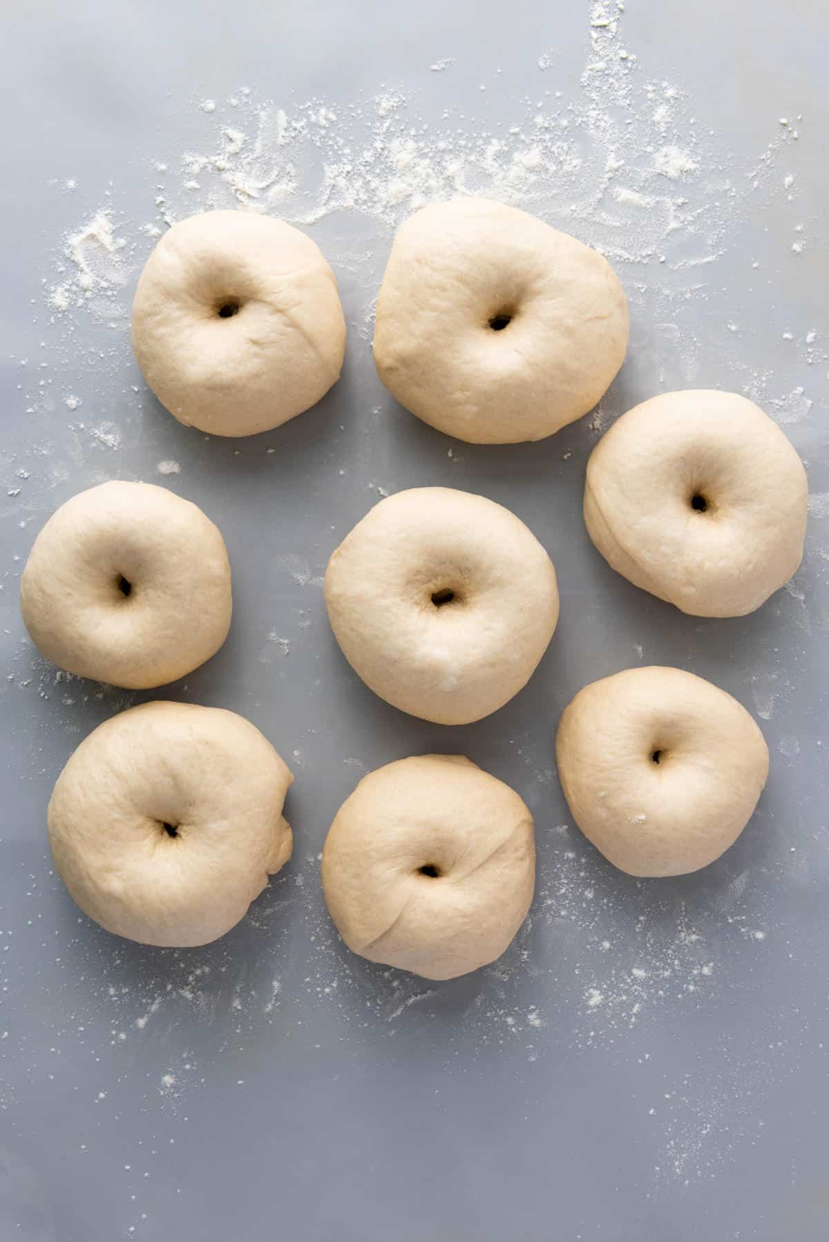 Eight round bagel dough pieces with holes in the center are arranged on a lightly floured surface, ready for baking.