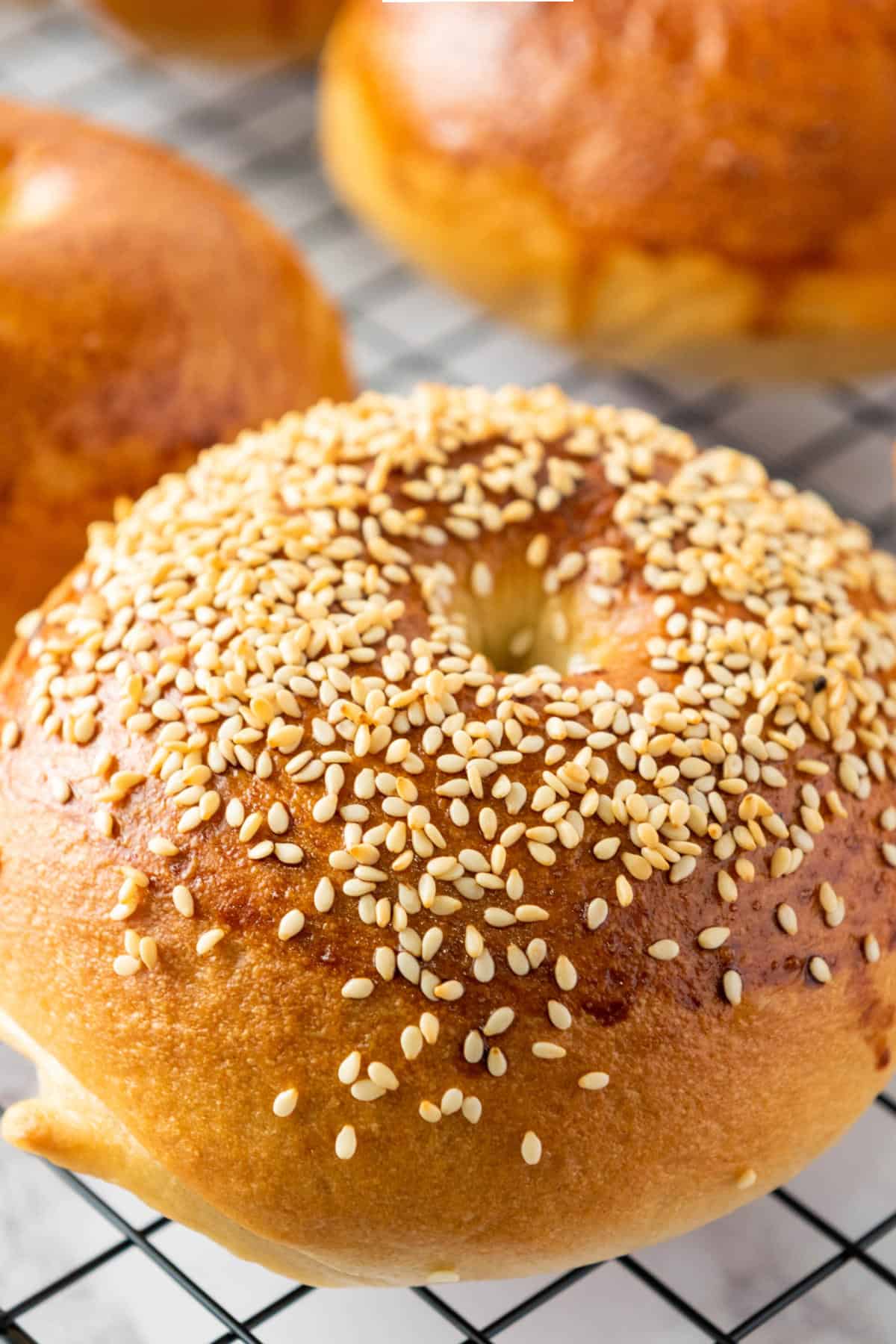 A close-up of a golden brown bagel topped with sesame seeds, resting on a wire cooling rack. Other bagels are visible in the background.