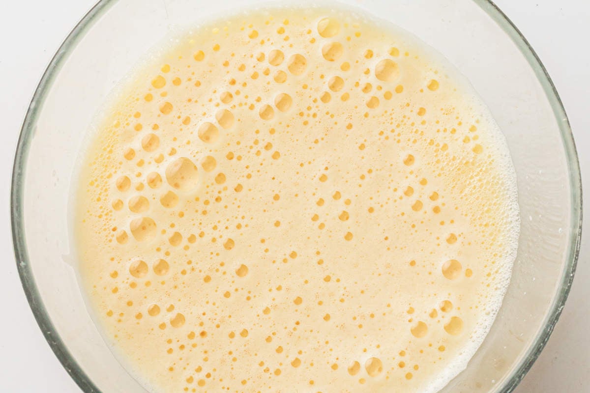Eggs and vanilla beaten until foamy for brownie batter.