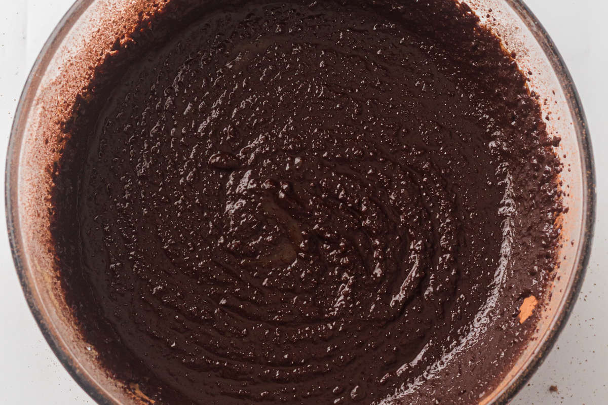 Chocolate and melted butter mixed until smooth and glossy