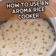 A pot of cooked white rice is shown with text overlay: "Stop guessing the water ratio. How to use an Aroma rice cooker." The website name "smellslikedelish.com" is at the bottom.