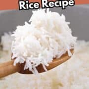 A wooden spoon scooping fluffy white rice from a pot, with text overlay reading "Aroma Rice Cooker Rice Recipe" and "smellslikedelish.com".