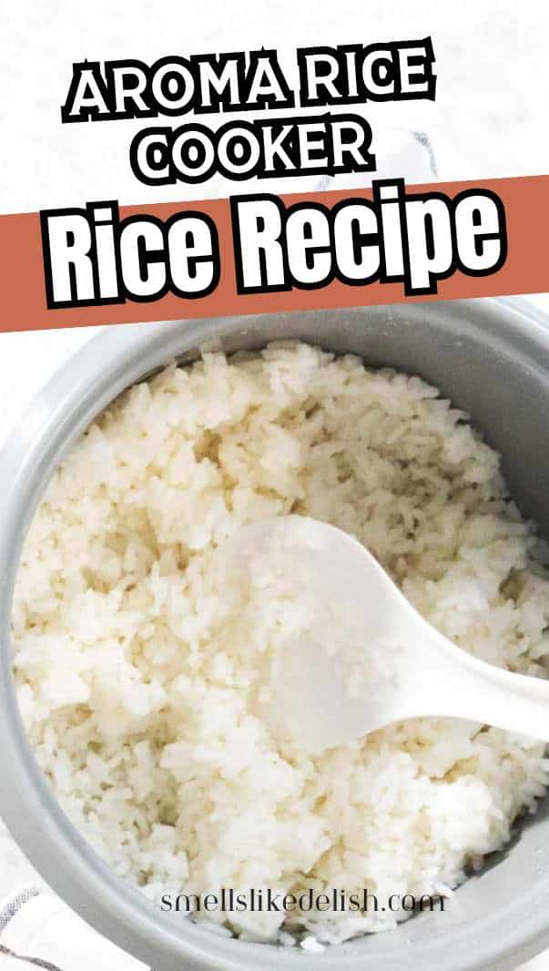 A bowl of cooked white rice being stirred with a white spoon, with bold text on top reading "Aroma Rice Cooker Rice Recipe" and the website "smellslikedelish.com" at the bottom.