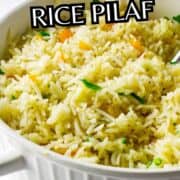A white ceramic dish filled with seasoned rice pilaf, garnished with chopped herbs and small vegetable pieces. Text overlay reads: "Copycat Longhorn Rice Pilaf.