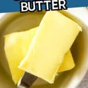 A bowl with two slices of cultured butter, one on a butter knife, with text overlay: "How to Make Cultured Butter." The website "smellslikedelish.com" appears at the bottom.