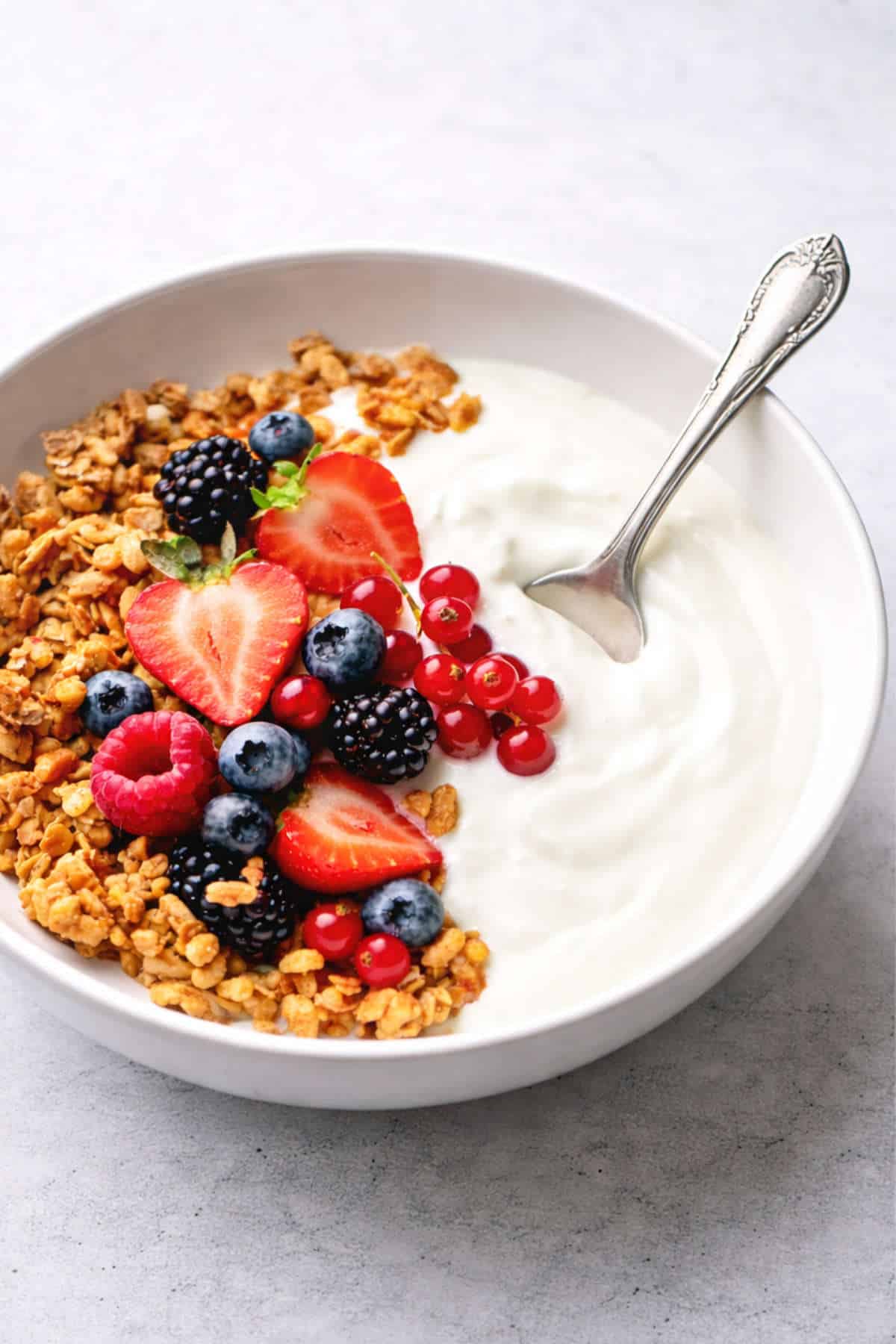 A bowl of lactose free yogurt topped with granola and fresh berries.