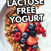 A bowl of lactose-free yogurt topped with granola, strawberries, blackberries, blueberries, and red currants. Text over the image reads, “How to Make Lactose Free Yogurt.” Website: smellslikedelish.com.