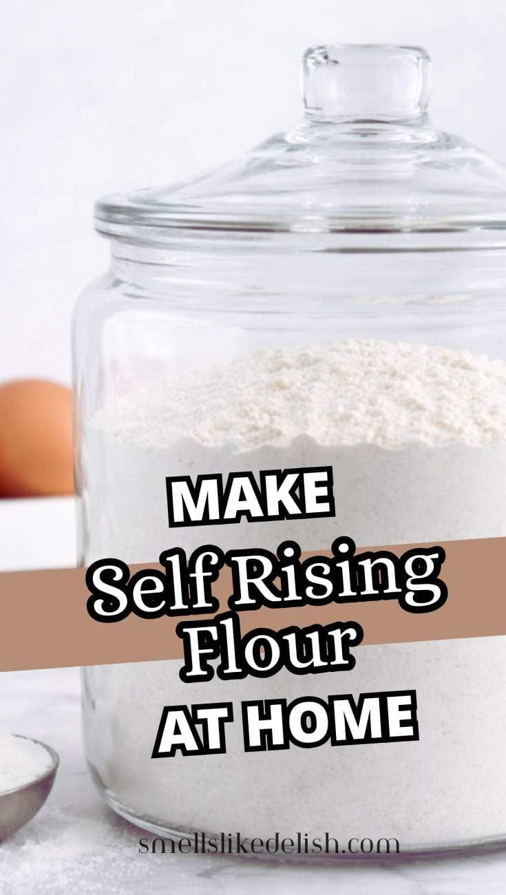 A large glass jar filled with flour sits on a kitchen counter next to a brown egg, with text overlay reading