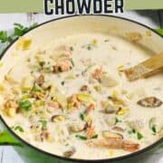 A large green pot filled with creamy Irish seafood chowder, featuring chunks of fish, shellfish, potatoes, and herbs, with a wooden spoon resting inside. The text "Irish Seafood Chowder" is at the top.