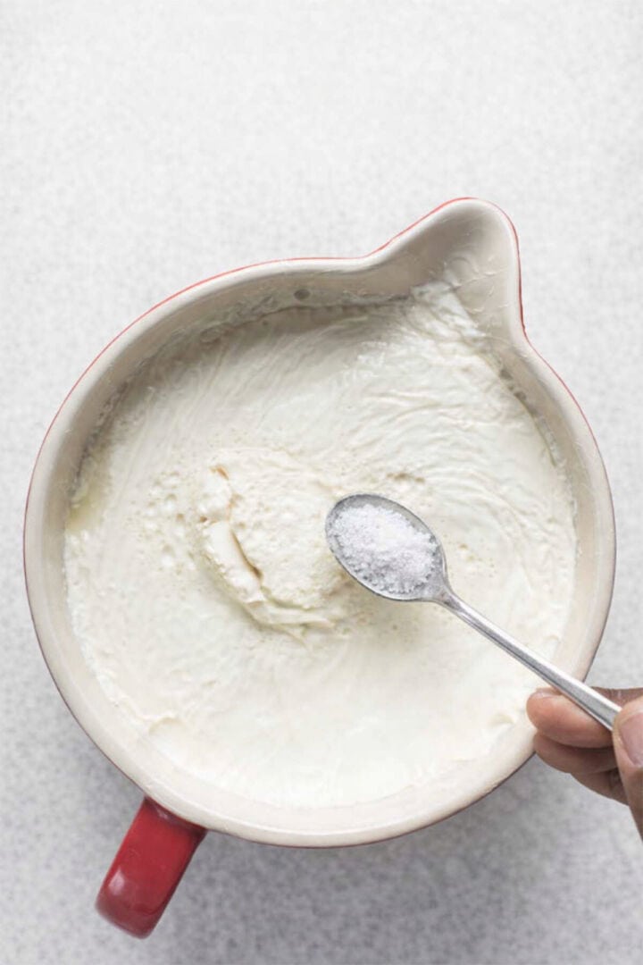 A spoon of salt above a bowl of thick, creamy homemade yogurt in a red bowl.