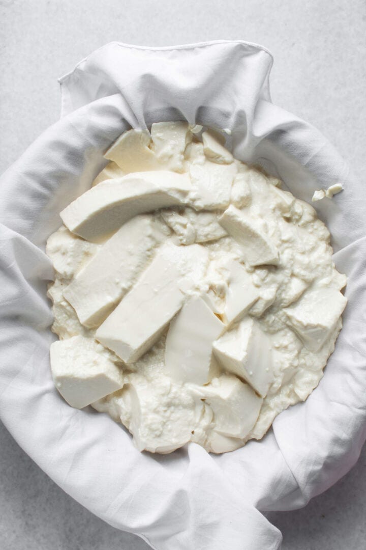 Salted yogurt placed in cloth to strain the yogurt.