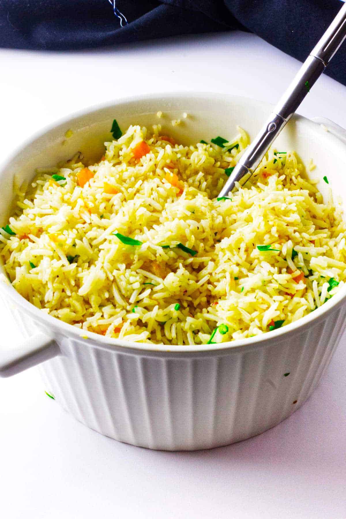 Longhorn Steakhouse rice pilaf copycat served in a white bowl.
