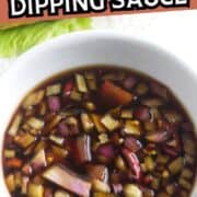 A white bowl filled with chopped red onions and garlic in a dark soy-based dipping sauce, with lumpia spring rolls on a bed of lettuce in the background. Text reads "Lumpia Dipping Sauce.