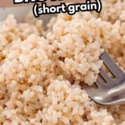 A bowl of cooked short grain brown rice with a fork, with text overlay that reads "Rice Cooker Brown Rice (short grain)" and "smellslikedelish.com" at the bottom.