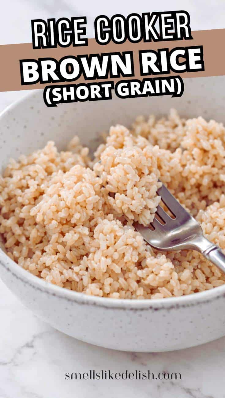 A bowl of cooked short grain brown rice with a fork resting inside. Text on the image reads "Rice Cooker Brown Rice (Short Grain)" and "smellslikedelish.com".