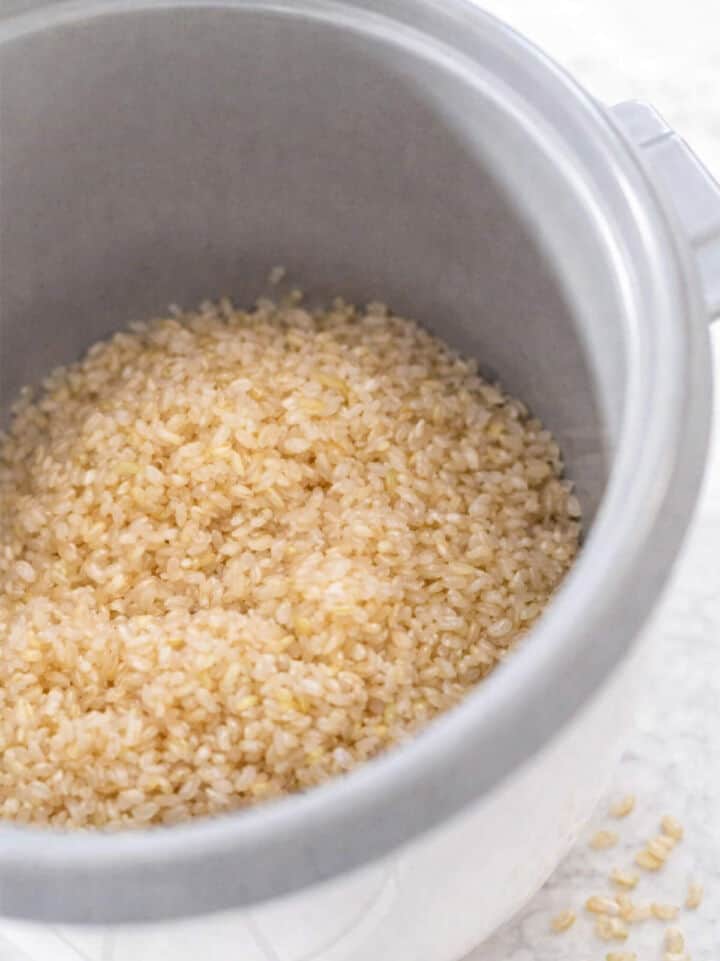 Uncooked brown rice grains inside a white rice cooker.