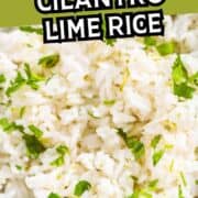 A close-up of fluffy white rice garnished with chopped cilantro and lime zest in a bowl. Text reads "Rice Cooker Cilantro Lime Rice" at the top, with "smellslikedelish.com" at the bottom.