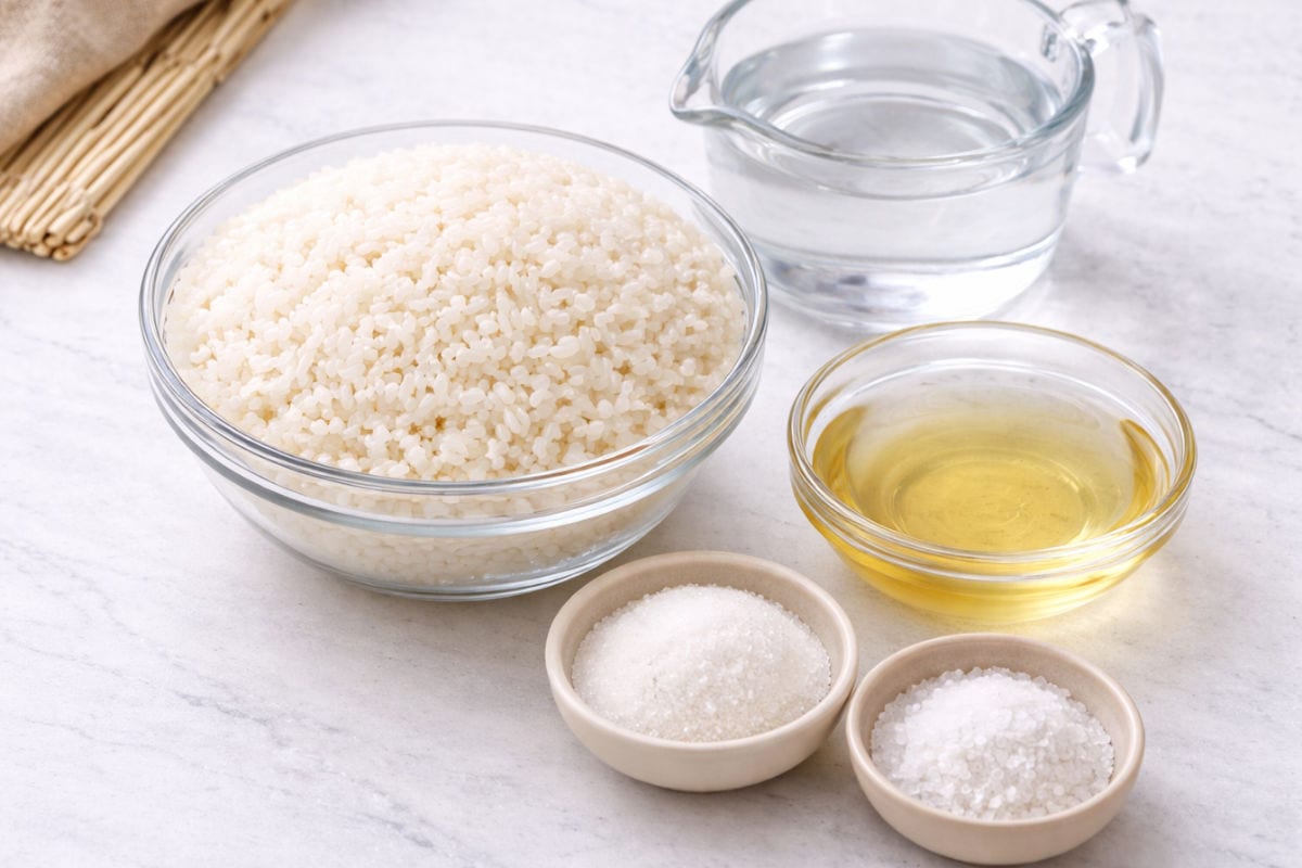 Ingredients for sushi rice including rice vinegar, sugar, salt, and water.