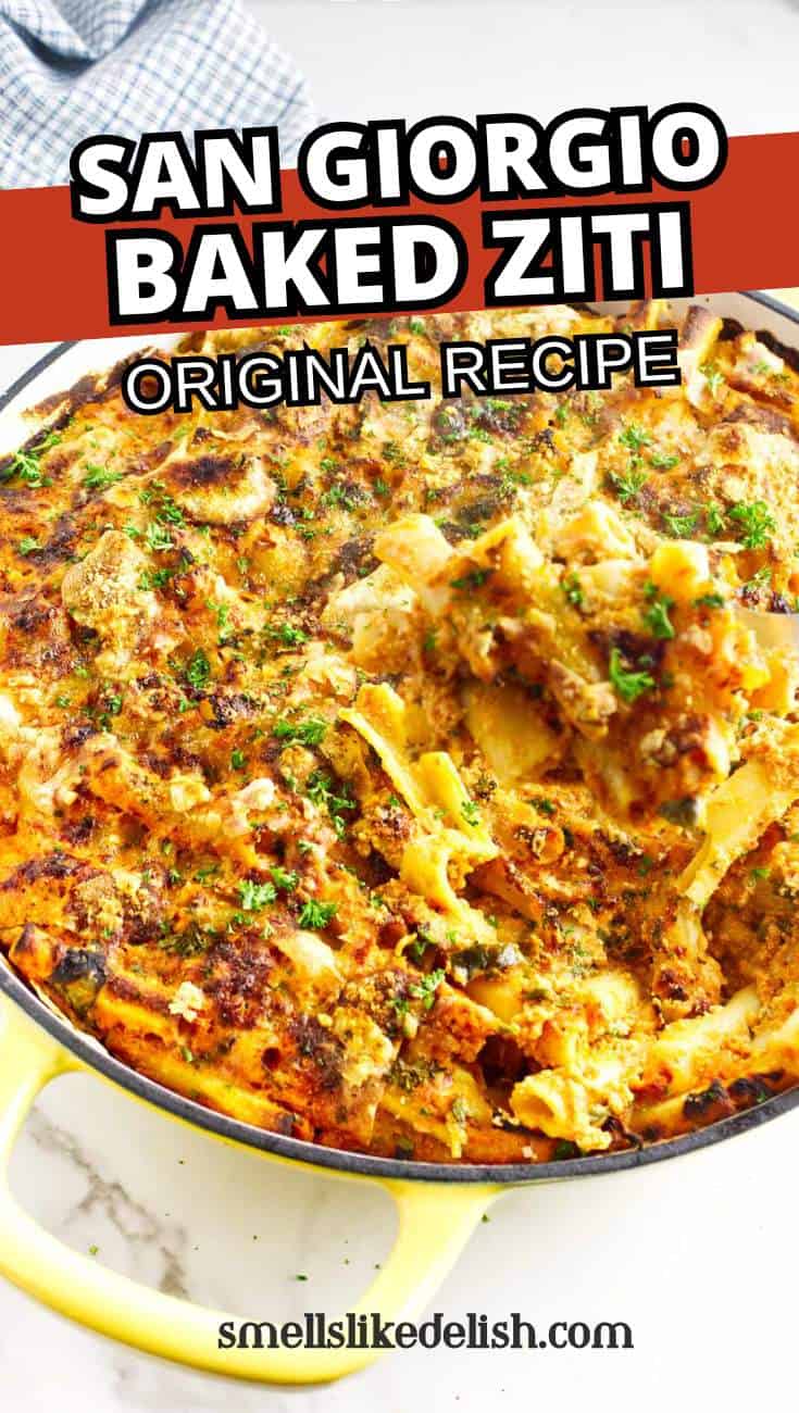 Serving of San Giorgio baked ziti showing pasta, sauce, and melted cheese.