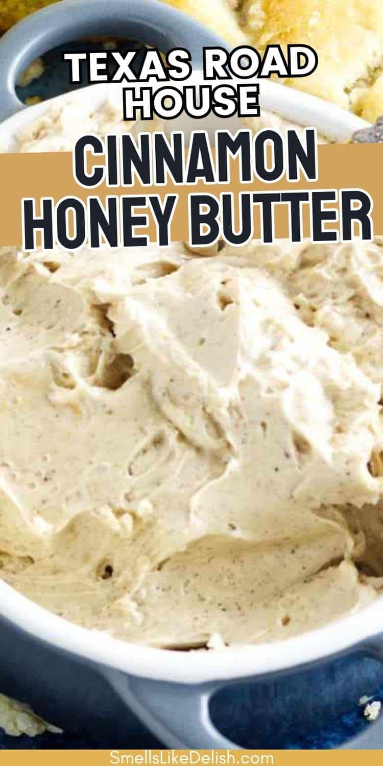 A close-up of creamy cinnamon honey butter in a bowl, with a partially visible biscuit in the background. Bold text over the image reads