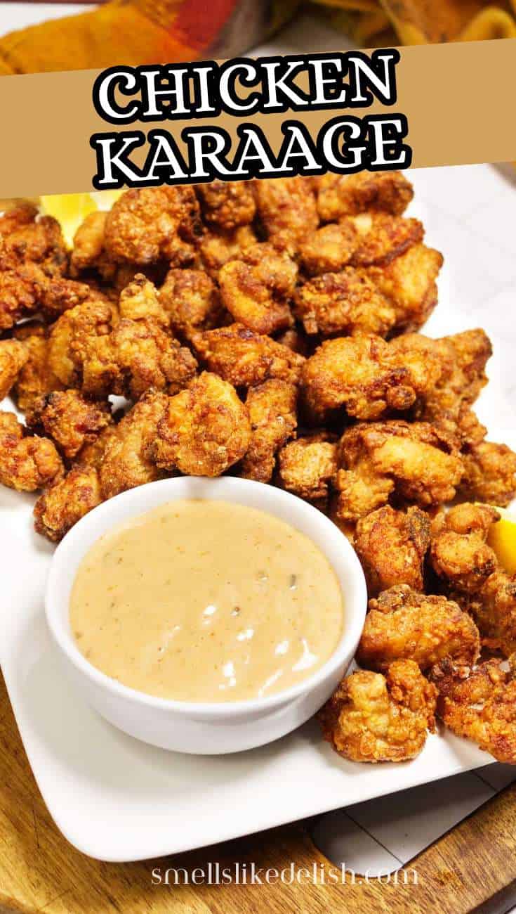 Pin image for chicken karaage with crispy fried chicken and dipping sauce.