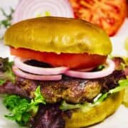 Lamb burger pin image with lettuce, tomato, onion, and potato chips.