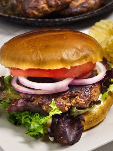 Lamb burger pin image with lettuce, tomato, onion, and potato chips.