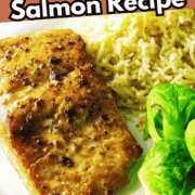 Copycat Longhorn salmon with a sweet maple glaze served with rice pilaf and Brussels sprouts.