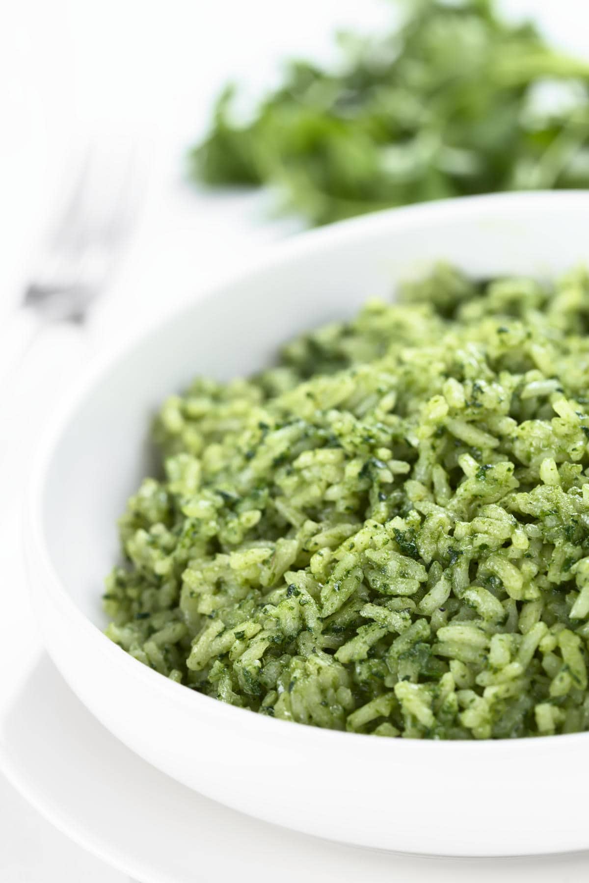 Close up of arroz verde in a white bowl with cilantro garnish.