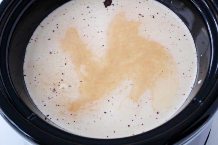 Vanilla, cinnamon, nutmeg, and cayenne added to the slow cooker for Mexican hot chocolate.