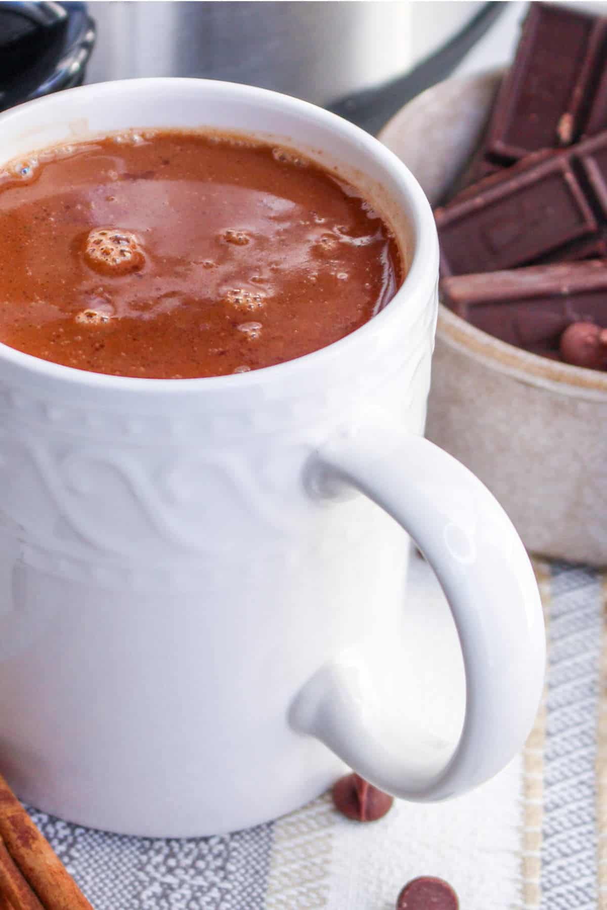 White mug of Mexican hot chocolate with dark chocolate pieces and a cinnamon stick nearby.