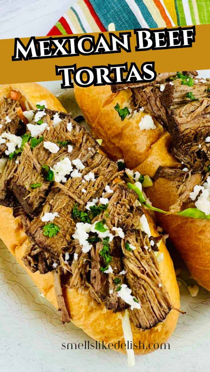 Mexican beef tortas made with shredded beef on bolillo rolls.
