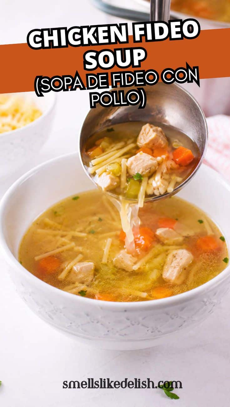 Ladle pouring chicken fideo soup with noodles and vegetables into a bowl.