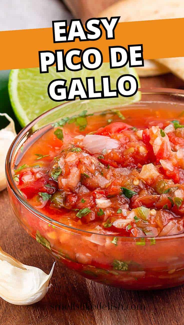 Easy pico de gallo in a glass bowl with tomatoes, onion, cilantro, lime, and tortilla chips.