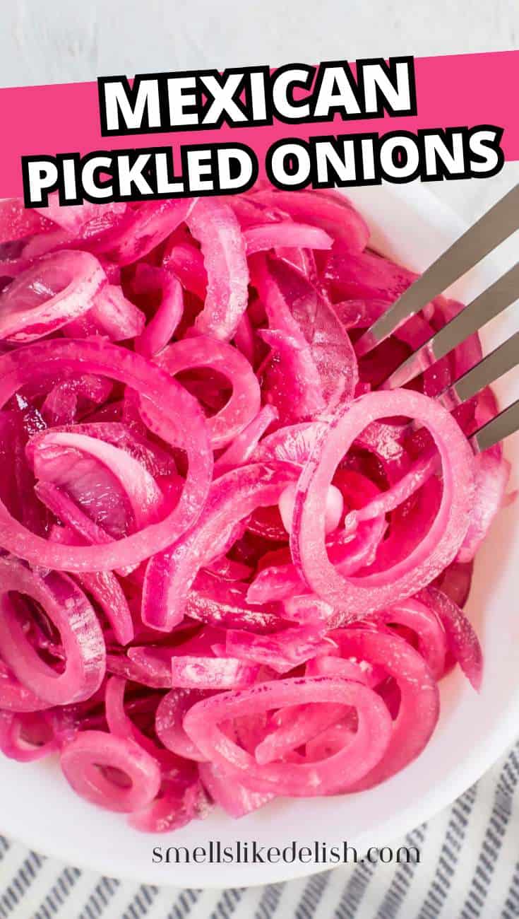Bowl of Mexican pickled onions with a fork viewed from above.