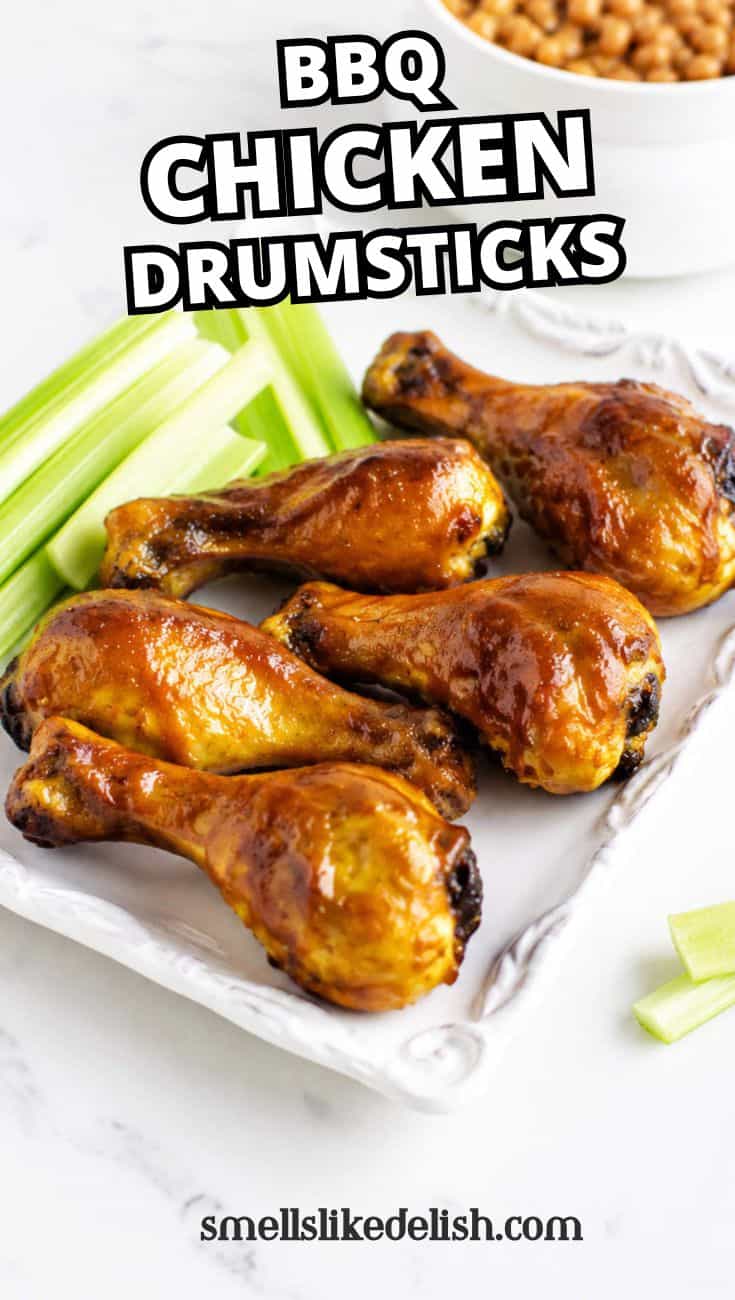 Pinterest image for oven baked BBQ chicken drumsticks with celery sticks and baked beans.