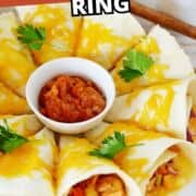 Chicken and veggie quesadilla wedges form a ring around salsa, parsley garnish. Text: “BLOOMING QUESALILLA RING.”.