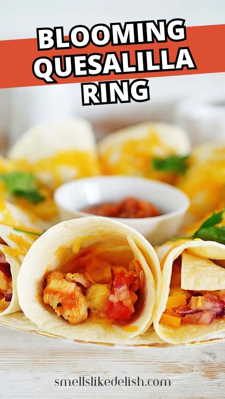 Quesadilla ring with chicken, cheese, and veggies circles a dipping sauce.