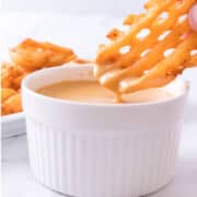 Waffle fry dipped in creamy sauce in a white ramekin, with other waffle fries blurred in the background.