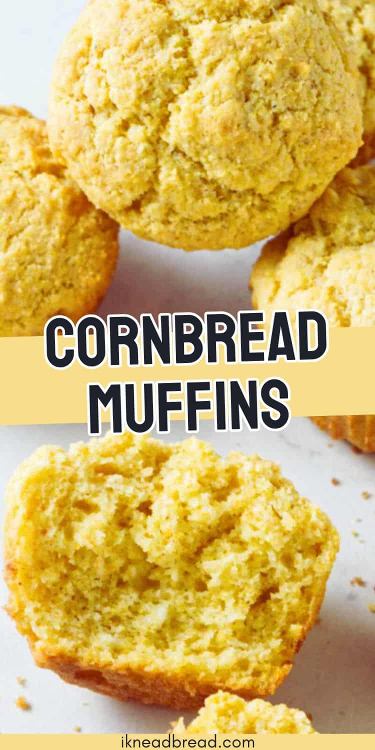 Three golden cornbread muffins on white with one split open to show the tender crumb.